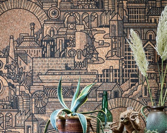 Drew Millward Real Cork Wallpaper - Mid-Century Industrial Skulls & Cats