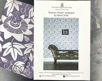 Wallpaper sample - Botanical Lilac and Silver Passion Flower Floral Metallic Wallpaper Made in England purple violet Lino cut