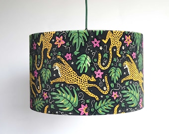 Lampshade - LARGE PENDANT jungle printed luxury cotton velvet drum artist designed and made in England in black green and pink.