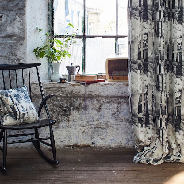Fabric by length - Monochrome Grey stripe linen artist designed abstract figurative upholstery curtains drapes cushions and blinds England