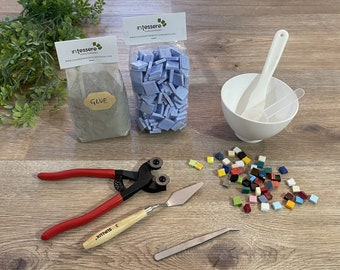 MOSAIC KIT + tutorial, complete set of glass tools and tiles, handmade in Italy, mosaic art, professional kit, handicraft kit.