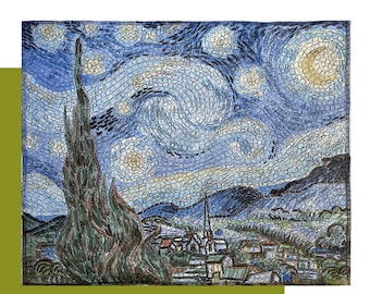 Van Gogh Starry Night Mosaic Kit, modern glass mosaic + tutorial, complete set of tools + glass tiles, handmade in Italy.
