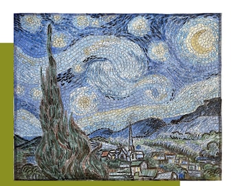 Starry Night Mosaic Kit Van Gogh modern glass mosaic + tutorial, complete set of tools + glass tiles, handmade in Italy.