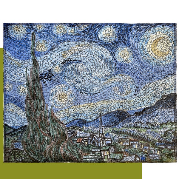 Sternennacht-Mosaik-Set Van Gogh modernes Glasmosaik + Anleitung, komplettes Werkzeugset + Glasfliesen, handgefertigt in Italien.