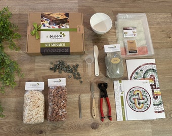 MOSAIC KIT + tutorial, complete set of marble tools and tiles, handmade in Italy, mosaic art, professional kit, handicraft kit.