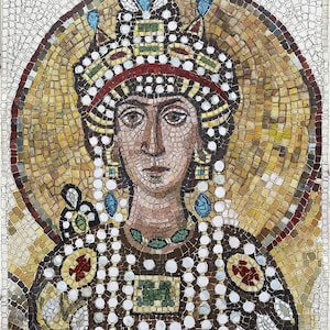 May include: A mosaic portrait of a woman wearing a crown and a necklace of pearls. The mosaic is made of small, colorful tiles.