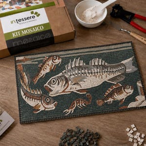 May include: A mosaic kit featuring a rectangular panel with a fish design in shades of gray, brown, and white on a dark green background. The kit includes a cardboard box labeled "in tessere KIT MOSAICO," a bowl of powder, metal nippers, and tiles.