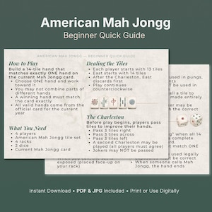 May include: A beginner's guide to American Mah Jongg. The guide includes instructions on how to play, dealing the tiles, and the Charleston. The image also shows the game's components, including dice and tiles.