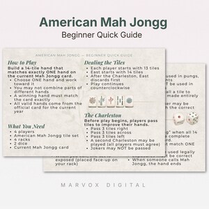 Könnte beinhalten: Ein Anfängerleitfaden für American Mah Jongg. Der Leitfaden enthält Anweisungen zum Spielen, zum Austeilen der Steine und zum Charleston. Der Leitfaden listet auch auf, was zum Spielen benötigt wird, einschließlich Spieler, Steine, Racks, Würfel und eine Mah Jongg-Karte.