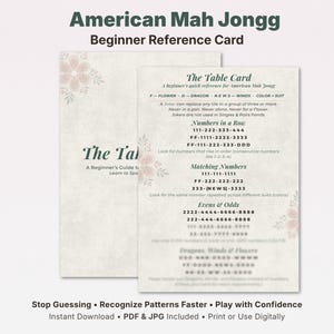 Könnte beinhalten: Anfänger-Referenzkarte für American Mah Jongg. Die beige Karte zeigt Anweisungen und Beispiele, mit floralen Dekorationen. Der Text enthält Informationen zu den Spielregeln und Beispielen für Anfänger.