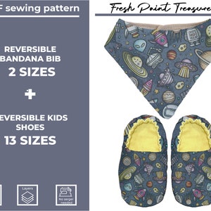 May include: PDF sewing pattern for a reversible bandana bib and reversible kids shoes. The pattern features a space-themed print with planets, rockets, and aliens on a blue background. The pattern comes in two sizes for the bib and 13 sizes for the shoes.