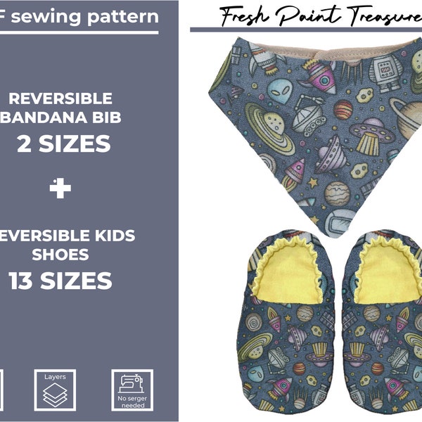 2 PACK bundle / Reversible kids shoes and bandana bib / PDF Sewing Pattern / DIY slippers and dribble bib / Baby, Kid, Toddler, Infant,