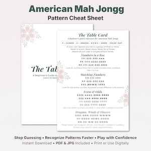 Può includere: Un foglio di trucchi bianco per il Mah Jongg americano con il titolo "American Mah Jongg Pattern Cheat Sheet" in verde. Il foglio include una guida per principianti per imparare a individuare i modelli, con accenti floreali e il testo "The Table Card".