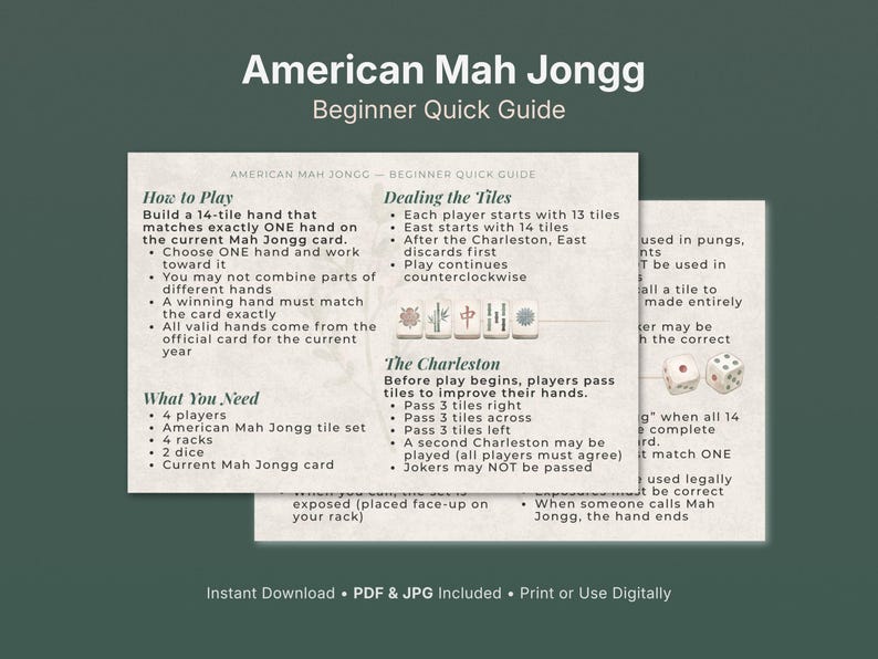 Rules For Mahjong Mahjong Rules Card Printable | American Mah Jongg Beginner Guide | 4x6 ...