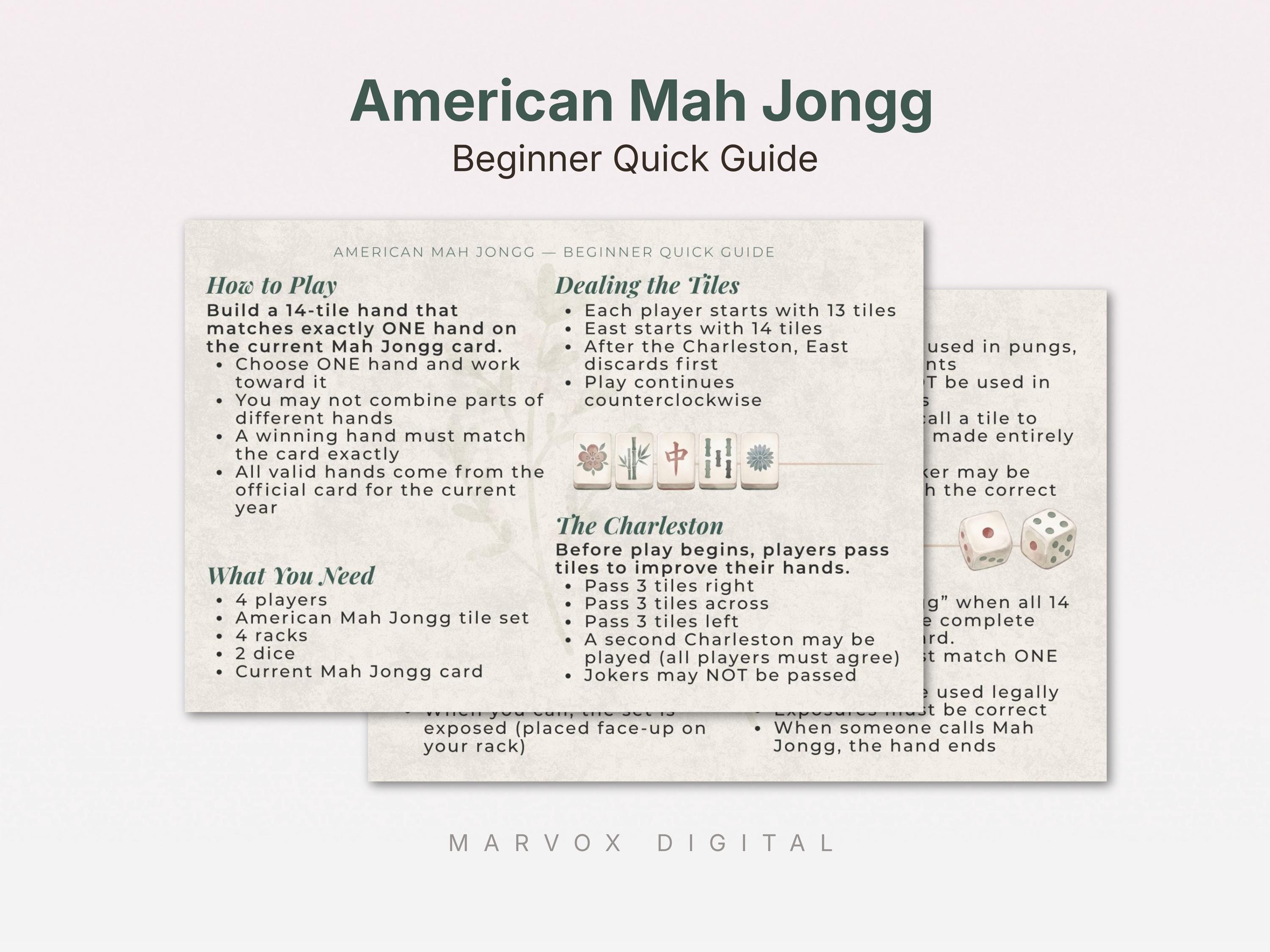 Rules For Mahjong Mahjong Rules Card Printable | American Mah Jongg Beginner Guide | 4x6 ...