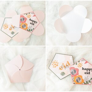May include: A pink paper card with a floral design and the text "happy eid" in a white font. The card is folded into a flower shape.