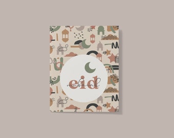 May include: A beige card with a colorful pattern of abstract shapes, stars, crescent moons, and mosque silhouettes. The card has a white circle in the center with the text "eid mubarak" in black.
