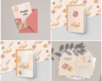 May include: Greeting cards and stationery set with floral designs and the words "happy eid" and "eid". The cards feature a peach background with orange, pink, and white floral accents. Includes an envelope.