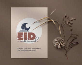 May include: A light pink card with a brown and blue illustration of a crescent moon and stars with the text "Eid Mubarak". The card has the message "May eid al-fitr bring abundant joy and happiness in your life."