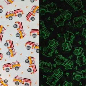 Save The Day Glowing Rescue Vehicles - Fire Engines on White Glow in the Dark - 100% Cotton Fabric - Select Your Size or By The Yard