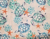 Sea Turtles & Starfish - 100% Cotton Fabric - Select Your Size or By The Yard