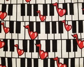 Music Piano & Hearts - 100% Cotton Fabric - Select Your Size or By The Yard