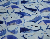 Flannel Fabric - Whales and Fish Blue - REMNANT - 100% Cotton Flannel