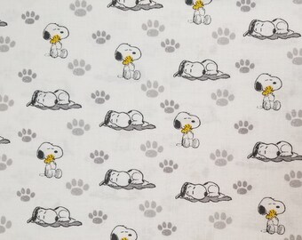 Peanuts Nursery Baby Snoopy and Woodstock Sleeping With Paw Prints - 100% Cotton Fabric - By The Yard or Select Your Size