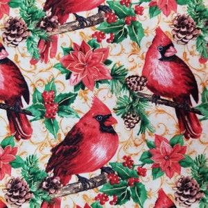 Christmas Cardinals and Scrolls With Poinsettias Metallic - 100% Cotton Fabric - Select Your Size or By The Yard