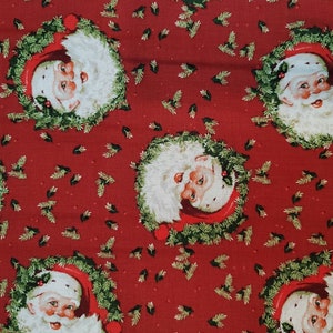 Cotton Fabric - Christmas Santa Claus on Red Quilt Cotton - Select Your Size or By The Yard - 100% Cotton Fabric
