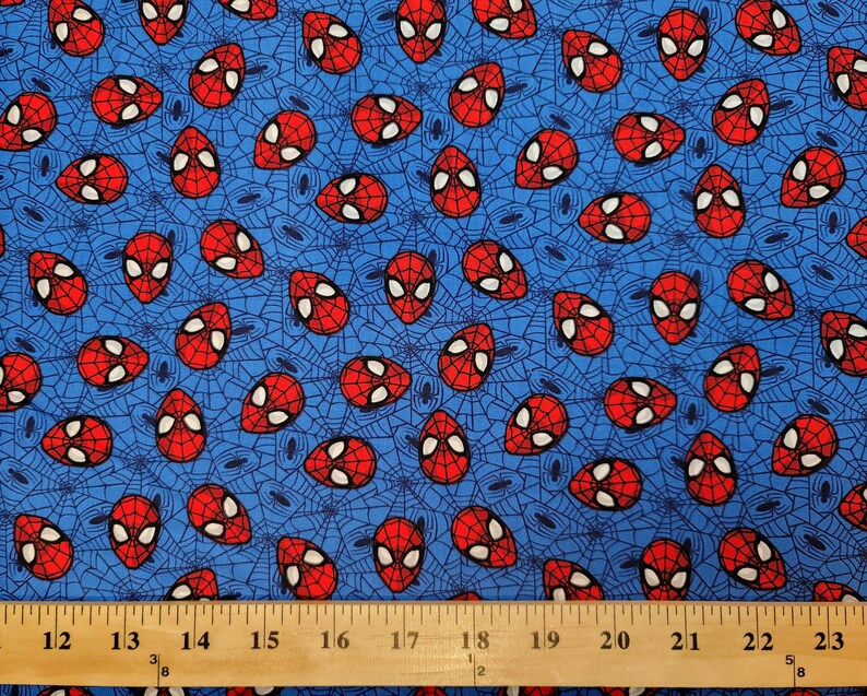 Select Your Size or By The Yard 100/% Cotton Fabric Cotton Fabric Spider Man Face Toss with Web on Blue Quilt Cotton