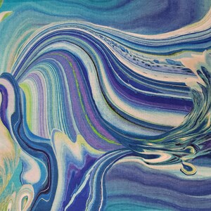 May include: Abstract art print featuring swirling blue, purple, and green lines on a white background.