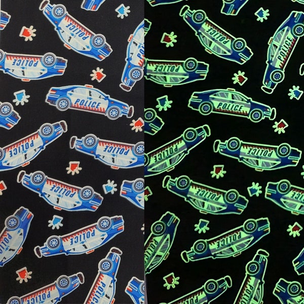 Cotton Fabric - Glow In The Dark Police Cars On Black, Save The Day, Quilt Cotton Fabric - Select Size or By The Yard - 100% Cotton Fabric