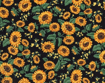 Sunflower Meadow Burst on Black Floral Harvest Cotton Quilting Fabric - Select Your Size or By The Yard - 100% Cotton Fabric