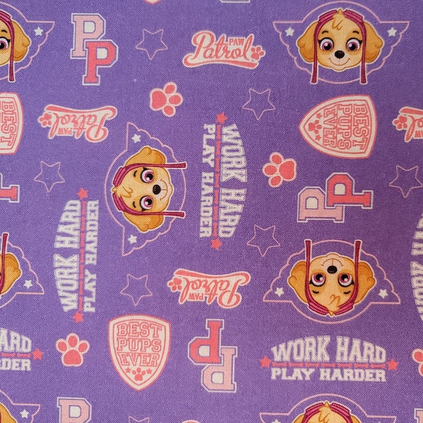 Cotton Fabric - Paw Patrol Skye, Work Hard Play Harder on Purple Quilt Cotton - Select Your Size or By The Yard - 100% Cotton Fabric