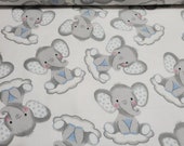 Flannel Fabric - Sleepy Elephants on Clouds - REMNANT - 100% Cotton Flannel