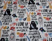 Flannel Fabric - Watercolor Animals Words - 24" Remnant - 100% Cotton Flannel