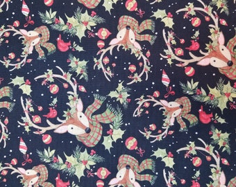 Susan Winget Whimsical Deer on Black - 100% Cotton Fabric - Select Your Size or By The Yard