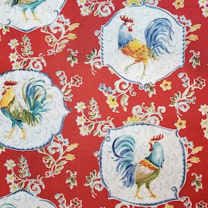 Red Morning Bloom Medallion Rooster - 100% Cotton Fabric - Select Your Size or By The Yard