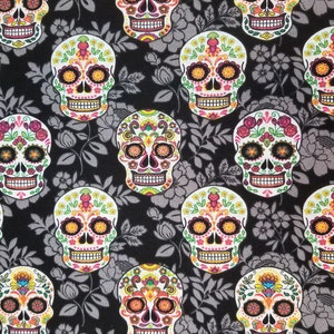 Halloween Day of the Dead Decorative Sugar Skulls on Black Floral - 100% Cotton Fabric - Select Your Size or By The Yard
