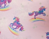 Rainbow Unicorns and Glitter Stars on Pink - 100% Cotton Fabric - Select Your Size or By The Yard