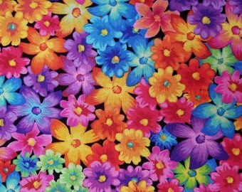 Packed Multi Flowers on Black - 100% Cotton Fabric - Select Your Size or By The Yard