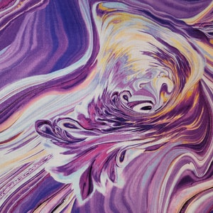 May include: Abstract swirl pattern in shades of purple, white, and yellow. The pattern resembles a swirling vortex or a flowing river.