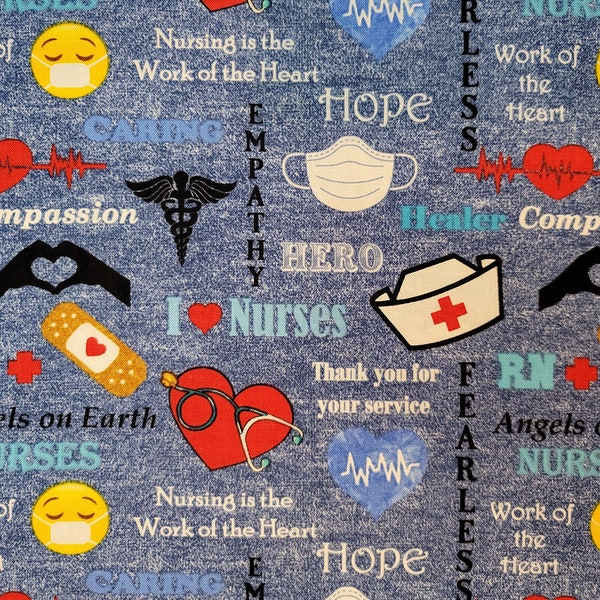 Cotton Fabric - Hometown Heroes Nurse on (Color)Denim Blue - Select Your Size or By The Yard - 100% Cotton Fabric