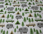 Flannel Fabric - Camping Trip on White - REMNANT - 100% Cotton Flannel