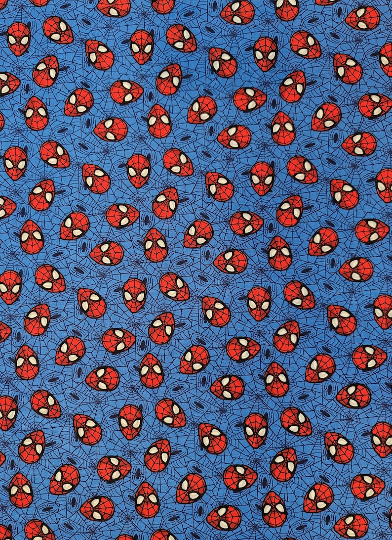 Select Your Size or By The Yard 100/% Cotton Fabric Cotton Fabric Spider Man Face Toss with Web on Blue Quilt Cotton