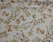 Flannel Fabric - Happy Camper Animals on White - REMNANT - 100% Cotton Flannel