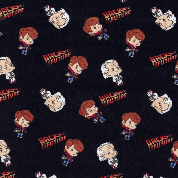 Cotton Fabric - Chibi Back to the Future Marty and Doc on Black Quilt Cotton - Select Your Size or By The Yard - 100% Cotton Fabric
