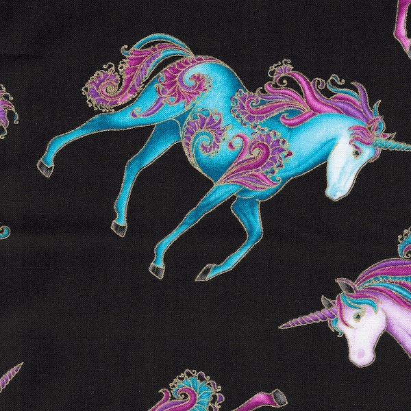 Cotton Fabric - Believe in Unicorns All Over Multi Metallic on Black Quilting Fabric - Select Your Size or By The Yard - 100% Cotton Fabric
