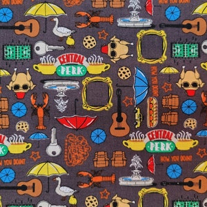 Cotton Fabric - Friends Forever Icons and Symbols on Brown Quilt Cotton - Select Your Size or By The Yard - 100% Cotton Fabric